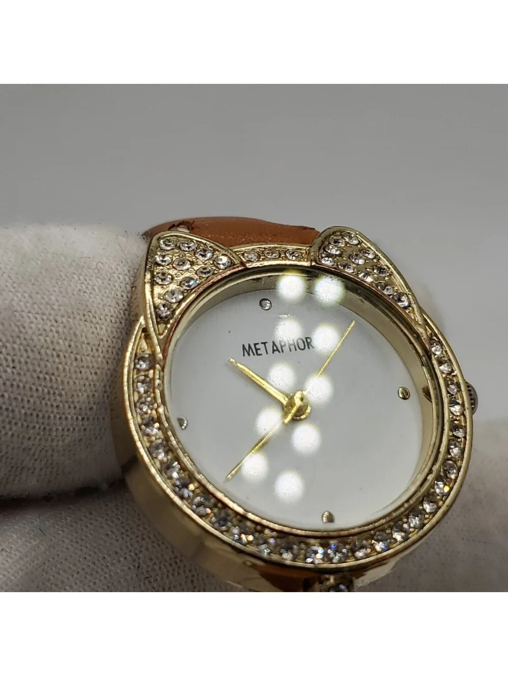 Metaphor Rhinestone Quartz Watch Women 26mm Gold Tone Brown Band New Battery